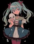  1girl blue_eyes blue_hair blue_nails brown_choker choker clown_mask crying dress hatsune_miku highres karakuri_pierrot_(vocaloid) long_hair mask menma_(enaic31) pantyhose red_pantyhose short_sleeves solo twintails vocaloid 