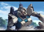  blue_sky clouds cloudy_sky commentary day dust_cloud embers english_commentary g.yamamoto glowing glowing_eye gundam gundam_08th_ms_team gundam_ez8 jungle letterboxed mecha mobile_suit nature no_humans outdoors radio_antenna red_eyes robot science_fiction sky solo tree 