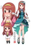  1girl absurdres blush brown_eyes brown_hair chibi dress green_dress hairband highres idol_clothes idolmaster idolmaster_million_live! jacket long_hair looking_at_viewer ngetyan open_mouth pink_jacket red_eyes skirt smile tanaka_kotoha white_skirt 