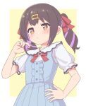  1girl black_hair blue_dress blush brown_eyes center_frills commentary dot_nose dress frills frown hair_ornament hair_ribbon hairclip hand_on_own_hip hand_up highres holding holding_hair long_hair looking_at_viewer multicolored_hair onii-chan_wa_oshimai! oyama_mihari puffy_short_sleeves puffy_sleeves purple_hair red_ribbon ribbon rundraw short_sleeves simple_background solo twintails two-tone_hair yellow_background 