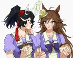  2girls black_hair bow bowtie breasts brown_hair burger didi_(whaqlrpwjd) ear_covers food green_eyes grey_background hair_ornament hairclip hand_on_another&#039;s_face hat holding holding_food katsuragi_ace_(umamusume) long_hair looking_at_another mini_hat mini_top_hat mr._c.b._(umamusume) multiple_girls ponytail purple_shirt sailor_collar school_uniform shirt short_hair short_sleeves simple_background small_breasts speech_bubble top_hat tracen_school_uniform translation_request umamusume upper_body white_background 
