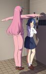 2girls absurdres assert_your_dominance_(meme) bathroom black_skirt blue_hair blush bocchi_the_rock! brown_footwear comedy commentary covering_mouth cube_hair_ornament english_commentary full_body gotou_hitori hair_ornament highres hinghoi jacket loafers long_hair long_legs long_sleeves looking_at_another meme mole mole_under_eye multiple_girls one_side_up outstretched_arms own_hands_together pants parted_bangs pink_hair pink_jacket pink_pants pleated_skirt school_uniform shadow shirt shoes short_hair skirt socks t-pose tile_floor tile_wall tiles very_long_hair white_shirt white_socks yamada_ryou yellow_eyes