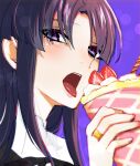  1girl absurdres assault_lily black_hair black_ribbon blurry blurry_background commentary crepe depth_of_field eating food fruit hair_between_eyes hand_up highres holding holding_food jewelry kikikaikai_(kikikaikai_chan) long_hair looking_at_viewer neck_ribbon open_mouth portrait purple_background ribbon ring school_uniform shirai_yuyu sidelocks simple_background solo strawberry teeth tongue tongue_out upper_teeth_only violet_eyes yurigaoka_girls_academy_school_uniform 