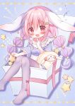 1girl :3 absurdres animal_ears blush child female_child food-themed_hair_ornament frilled_sleeves frills gift hair_ornament hanasakichu highres hololive indie_virtual_youtuber looking_at_viewer low_twintails open_gift open_mouth original pink_eyes pink_hair rabbit_ears sanrio sheep solo star_(symbol) strawberry_hair_ornament thigh-highs twintails virtual_youtuber 
