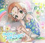  1girl ai_ai_gasa bad_id bad_twitter_id bandaid bandaid_on_knee bandaid_on_leg barefoot brown_hair colored_chalk grin hair_ornament hairclip happy_birthday idolmaster idolmaster_cinderella_girls looking_at_viewer ryuzaki_kaoru short_hair shorts smile solo tagme tsurumai_kada yellow_eyes 