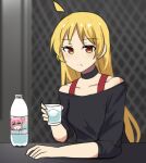 1girl absurdres ahoge bar_(place) blonde_hair blurry bocchi_the_rock! bottle cameo choker collarbone comedy commentary cup depth_of_field english_commentary english_text gotou_hitori highres hinghoi holding holding_cup ice ice_cube ijichi_seika leaning_on_table long_hair long_sleeves looking_at_viewer orange_eyes plastic_bottle sidelocks solo table water water_bottle