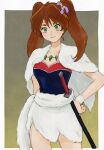  1girl ayame_(inuyasha) brown_hair cloak cowboy_shot flower fur_cloak fur_skirt fur_trim green_eyes hair_flower hair_ornament hand_on_own_hip highres inuyasha jewelry long_hair looking_at_viewer necklace sheath sheathed solo sword twintails weapon wristband zuchi_wan 