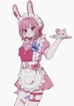  1girl alternate_costume animal_ears apron bandaid bandaid_on_leg bow collared_shirt danganronpa_(series) danganronpa_2:_goodbye_despair enmaided fake_animal_ears galaga hair_intakes hair_ornament hand_up highres holding holding_plate maid maid_headdress medium_hair miniskirt nanami_chiaki o-ring pink_bow pink_eyes pink_hair pink_skirt plate pleated_skirt puffy_short_sleeves puffy_sleeves rabbit_ears shijima_umi shirt short_sleeves simple_background skirt solo thigh_strap two-tone_shirt usami_(danganronpa) waist_apron white_apron white_background 