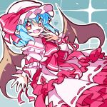  1girl absurdres bat_wings blue_hair blush bow dress embodiment_of_scarlet_devil hat highres looking_at_viewer mob_cap open_mouth red_eyes remilia_scarlet ribbon short_hair smile solo tokoro_tokoro10 touhou wings 