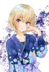  1girl absurdres blonde_hair blue_eyes blue_shirt commentary cropped_shirt ear_piercing floral_print hakama hand_up highres japanese_clothes multicolored_hair original parted_lips piercing print_shirt purple_hakama shirt short_hair solo upper_body yuyuharu_1027 