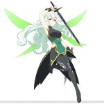  black_pantyhose dress green_dress highres holding holding_sword holding_weapon lux_(sao) non-web_source pantyhose sword sword_art_online weapon white_hair yellow_eyes 