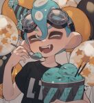  1boy balloon birthday black_shirt blue_hair closed_eyes commission eating english_commentary english_text food goggles goggles_on_head highres ice_cream male_child male_focus prat_rat shirt short_hair solo splatoon_(series) squid_boy teeth 