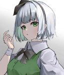  1girl amazaki_ria black_bow black_bowtie black_hairband blunt_bangs bow bowtie gradient_background grey_background grey_hair hairband highres konpaku_youmu looking_at_viewer parted_lips short_hair solo touhou upper_body 