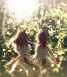  2girls alternate_costume animal_ears blurry bokeh brown_hair depth_of_field didi_(whaqlrpwjd) dress feet_out_of_frame from_behind horse_ears horse_girl horse_tail lens_flare long_hair multiple_girls outdoors short_sleeves sirius_symboli_(umamusume) sun symboli_rudolf_(umamusume) tail tail_through_clothes tree umamusume white_dress 