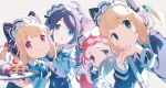  4girls alternate_costume animal_ear_headphones animal_ears aris_(blue_archive) blonde_hair blue_archive blue_eyes cat_ear_headphones cupcake enmaided fake_animal_ears food green_eyes headband headphones highres long_hair looking_at_viewer maid midori_(blue_archive) momoi_(blue_archive) multiple_girls pom_(soupy) red_eyes redhead siblings smile tray twins yuzu_(blue_archive) 