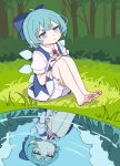  1girl absurdres barefoot bloomers blue_bow blue_dress blue_eyes blue_hair blush_stickers bow cirno closed_mouth collared_shirt dress fairy hair_bow highres ice ice_wings kame_(kamepan44231) outdoors pond reflection reflective_water shirt short_hair short_sleeves sitting solo touhou tree underwear water white_bloomers white_shirt wings 