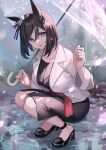  1girl :d absurdres animal_ears bare_legs black_dress black_footwear black_hair black_shirt blazer blue_eyes blurry blurry_background breasts casual collarbone commentary dress ear_scrunchie eishin_flash_(umamusume) from_side full_body hair_between_eyes hands_up high_heels highres hitomin_(ksws7544) holding holding_umbrella horse_ears jacket long_bangs long_sleeves looking_at_viewer medium_breasts medium_dress medium_hair open_clothes open_jacket open_mouth outdoors puddle red_sash sash scrunchie shirt side_slit smile solo squatting strappy_heels transparent transparent_umbrella umamusume umbrella white_jacket white_scrunchie 