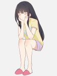  &gt;:( 1girl absurdres anime_oekaki13 annoyed black_hair closed_eyes hands_on_own_chin head_rest highres inoue_takina long_hair lycoris_recoil pink_footwear shirt shorts sitting slippers solo t-shirt v-shaped_eyebrows yellow_shirt 