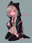  animal_hood backpack bag black_jacket black_thighhighs brown_skirt cat_hood commentary copyright_name danganronpa_(series) danganronpa_2:_goodbye_despair flipped_hair highres hood hood_up hooded_jacket jacket medium_hair menma_(enaic31) nanami_chiaki no_shoes open_clothes open_jacket pink_bag pink_eyes pink_hair pleated_skirt shirt_tucked_in skirt symbol-only_commentary thigh-highs 