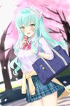  1girl absurdres aqua_hair bag blush breasts cellphone clothes_around_waist commentary_request dragon_girl dragon_horns fate/grand_order fate_(series) hair_between_eyes highres horns kiyohime_(fate) large_breasts long_hair looking_at_viewer multiple_horns nishiki_vx partial_commentary phone school_uniform shoulder_bag smile solo yellow_eyes 