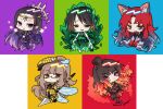  5girls adult_who_tells_lies_(project_moon) animal_ears animal_hands bbunny big_and_will_be_bad_wolf black_hair brown_hair cape child_of_the_galaxy dress fiery_hair gebura_(project_moon) green_dress green_eyes high_ponytail honeycomb_(pattern) insect_wings iori_(project_moon) jacket library_of_ruina mirinae_(project_moon) moirai_(library_of_ruina) multicolored_hair multiple_girls project_moon purple_cape purple_hair purple_jacket queen_bee_(lobotomy_corporation) red_eyes redhead scorched_girl star_(symbol) streaked_hair tail violet_eyes wings wolf_ears wolf_tail xiao_(genshin_impact) 