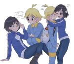  2boys ;d ahoge arrow_(symbol) blonde_hair blue_jacket blue_jumpsuit blush boots borrowed_accessory calem_(pokemon) clemont_(pokemon) closed_mouth commentary_request eye_contact grey_eyes highres hug jacket jumpsuit knees_together_feet_apart long_sleeves looking_at_another male_focus multiple_boys multiple_views one_eye_closed open_mouth pants pokemon pokemon_(game) pokemon_xy sana_(37pisana) short_hair smile squatting squiggle turtleneck turtleneck_jacket zipper_pull_tab 