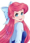  1girl ariel_(disney) artist_name blue_bow blue_dress blue_eyes bow dress giugiucchi hair_bow highres long_hair looking_at_viewer open_mouth redhead signature simple_background solo the_little_mermaid upper_body watermark white_background 