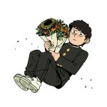  1boy aalexfletcher absurdres black_eyes black_hair black_jacket black_pants blunt_bangs bouquet bowl_cut commentary english_commentary floating flower full_body gakuran highres holding holding_bouquet jacket kageyama_shigeo knees_up long_sleeves male_focus mob_psycho_100 pants school_uniform shoe_soles shoes short_hair simple_background sneakers solo sunflower white_background white_footwear 