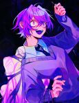  1girl abnormality_dancin&#039;_girl_(vocaloid) arm_up black_necktie blush collared_shirt colorful commentary flower_(vocaloid) hair_between_eyes highres himanemuitoma holding holding_needle long_sleeves messy_hair necktie needle open_mouth purple_hair purple_sweater purple_theme shirt short_hair solo sweater violet_eyes vocaloid 