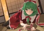  1girl blunt_bangs blurry blurry_background blush bow breasts closed_mouth dress fingernails frilled_shirt_collar frills front_ponytail full_body green_eyes green_hair hair_bow indoors kagiyama_hina kanpa_(campagne_9) light_smile long_hair looking_at_viewer no_shoes on_floor pantyhose puffy_short_sleeves puffy_sleeves red_bow red_dress short_sleeves shouji sitting sliding_doors small_breasts solo tatami toes touhou twilight yokozuwari 