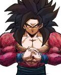  1boy 9302w_(user_wjpg8475) black_hair blue_wristband body_fur clenched_hand dragon_ball dragon_ball_gt highres large_pectorals long_hair looking_at_viewer male_focus muscular muscular_male own_hands_together pectorals simple_background smile solo son_goku spiky_hair super_saiyan super_saiyan_4 upper_body white_background yellow_eyes 