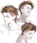  1boy brown_eyes brown_hair character_request closed_mouth collarbone copyright_request facing_away jnkku looking_at_viewer looking_away male_focus multiple_views simple_background solo undercut white_background 