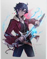  1boy ahoge black_hair coat dated denim eiyuu_densetsu fire flame fur_collar hair_between_eyes holding holding_sheath holding_sword holding_weapon jeans katana looking_at_viewer pants rean_schwarzer red_eyes sen_no_kiseki sen_no_kiseki_ii sheath sword twitter_username unsheathing weapon youmicitrustea 