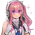  1girl :&gt; animal_ear_headphones animal_ears bare_shoulders black_gloves blue_neckerchief blush fake_animal_ears gloves goddess_of_victory:_nikke hair_between_eyes hair_intakes headphones jacket neckerchief pepper_(nikke) pink_eyes pink_hair ribbed_sweater sailor_collar short_hair_with_long_locks side_ponytail simple_background sleeveless solo sparkle sweater turtleneck turtleneck_sweater two-tone_gloves umesasami upper_body white_background white_gloves white_jacket white_sweater 