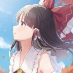  1girl ameria_(artist) bare_shoulders blue_sky blunt_bangs bow brown_eyes brown_hair floating_hair frilled_bow frilled_hair_tubes frills hair_bow hair_tubes hakurei_reimu highres long_hair looking_up parted_lips profile red_bow ribbon sky solo sunlight touhou upper_body wind 