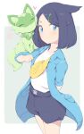  1girl black_hair black_shorts blue_eyes blue_jacket closed_mouth grey_background hair_ornament hairclip heart highres jacket kohaku_q liko_(pokemon) looking_at_viewer open_clothes open_jacket pokemon pokemon_(anime) pokemon_(creature) pokemon_horizons shirt short_hair shorts simple_background smile sprigatito standing thighs two-tone_background white_background white_shirt 