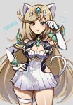  animal_ears blonde_hair cat_ears cat_tail character_name cleavage_cutout clothing_cutout hand_on_own_hip highres long_hair mythra_(xenoblade) paw_pose simple_background tail thigh_strap touyarokii xenoblade_chronicles_(series) xenoblade_chronicles_2 yellow_eyes 