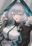  1girl aqua_eyes arknights black_coat breasts coat commentary_request fangs gloves grey_background grey_hair head_wings highres ho&#039;olheyak_(arknights) large_breasts long_hair long_sleeves looking_at_viewer open_clothes open_coat solo teeth touchika upper_body upper_teeth_only white_gloves wings 