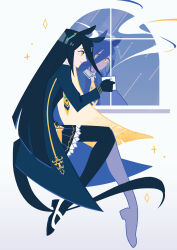  1girl absurdres animal_ears black_choker black_coat black_gloves black_hair black_pantyhose black_skirt black_vest blunt_ends choker closed_mouth coat collared_shirt commentary_request cup ear_ornament ear_tag earrings fuduki. gloves hair_between_eyes hand_up hem_peeking_out highres holding holding_cup horse_ears horse_girl horse_tail jewelry long_hair long_hair_between_eyes long_sleeves manhattan_cafe_(umamusume) mug multicolored_hair necktie pantyhose pleated_skirt reflection shirt shoes single_earring skirt smile solo steam steaming_cup tail umamusume very_long_hair vest white_hair white_shirt white_shoes window yellow_eyes yellow_necktie 