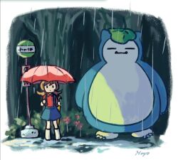  1girl artist_name bag blue_overalls border bus_stop claws fangs highres holding holding_umbrella leaf leaf_on_head lyra_(pokemon) outdoors overalls pokemon pokemon_(creature) pokemon_heartgold_and_soulsilver rain red_shirt red_umbrella ribi001_(huyo_poke) shirt sign skirt snorlax standing tonari_no_totoro totoro_bus_stop twintails umbrella water_drop wet white_border yellow_bag 