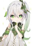  1girl absurdres buran_buta closed_mouth detached_sleeves dress finger_to_cheek flower-shaped_pupils genshin_impact green_eyes green_hair high_side_ponytail highres looking_at_viewer nahida_(genshin_impact) pointy_ears smile solo symbol-shaped_pupils white_background white_hair 