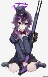  1girl absurdres belt black_belt black_boots black_hat black_jacket black_skirt blue_archive boots clenched_hands collared_shirt commentary dempadeva double-parted_bangs eyelashes fabarm_fp6/sdass frown full_body furrowed_brow garrison_cap gehenna_academy_logo gun hair_between_eyes hair_ornament hairclip halo haruka_(blue_archive) hat highres jacket juliet_sleeves lace-up_boots long_hair long_sleeves looking_at_viewer miniskirt parallel_hairclips parted_lips pleated_skirt puffy_sleeves pump_action purple_hair purple_halo red_shirt shirt shotgun simple_background sitting skirt solo sweatdrop twitter_username violet_eyes wariza weapon white_background 