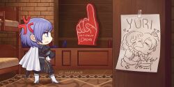  anger_vein artist_name bed boots bottle cape commission fire_emblem foam_finger frown garreg_mach_monastery_uniform high_heels highres meme purple_hair scabbard sheath shg_(hiomaika) side_cape violet_eyes white_cape yoshi_and_toad_kissing_(meme) yuri_leclerc 