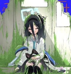  1girl absurdly_long_hair android animal_ear_headphones animal_ears aqua_halo aris_(blue_archive) black_hair black_hairband blue_archive blue_halo blue_necktie broken_wall cat_ear_headphones cat_ears closed_eyes commentary fake_animal_ears hair_between_eyes hairband halo headphones highres jacket jacket_partially_removed long_hair long_hair_between_eyes long_sleeves loose_necktie momoi_(blue_archive) moss nasipeuran necktie on_ground one_side_up overgrown rebar rectangular_halo shirt sitting skirt smile solo tragedy_of_a_long_life very_long_hair white_jacket white_shirt 