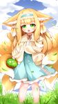  1girl absurdres animal_ear_fluff animal_ears aqua_hairband aqua_skirt arknights basket blonde_hair blue_sky blush cardigan chinese_commentary commentary_request fang feet_out_of_frame fox_ears fox_girl fox_tail frilled_hairband frills grass green_eyes hair_ornament hair_scrunchie hairband high-waist_skirt highres kitsune kyuubi long_sleeves looking_at_viewer multicolored_hair multiple_tails neck_ribbon official_alternate_costume open_cardigan open_clothes open_mouth outdoors puffy_long_sleeves puffy_sleeves red_ribbon ribbon scrunchie shirt skirt sky solo standing suzuran_(arknights) suzuran_(spring_praise)_(arknights) tail two-tone_hair white_hair white_shirt xiaomeizhao yellow_cardigan 