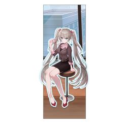 1girl aliasing aqua_eyes artist_request belt blonde_hair blue_outline bow brown_belt brown_jacket building collared_shirt commentary dress_shirt earrings english_commentary glasses hair_bow hair_intakes high_heels holding holding_removed_eyewear indoors jacket jewelry lapels lightning_bolt_earrings lightning_bolt_symbol long_hair merchandise_available miniskirt mismatched_earrings multicolored_hair necklace notched_lapels office office_lady official_art on_stool outline pencil_skirt pendant phase_connect pink_bow pink_shirt pink_streaks red-framed_eyewear red_shoes rinkou_ashelia semi-rimless_eyewear shirt shoes simple_background sitting skirt sleeves_rolled_up solo stool streaked_hair striped_clothes striped_shirt suit_jacket twintails unworn_eyewear vertical-striped_clothes vertical-striped_shirt very_long_hair white_background window 