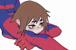  1girl animal_print blue_bodysuit bodysuit breast_press breasts brown_eyes brown_hair commentary english_commentary eyeliner genderswap genderswap_(mtf) highres looking_to_the_side makeup marvel multicolored_bodysuit on_ground petra_parker_(otrebot) red_bodysuit short_hair simple_background spider-man_(series) spider_print spider_web_print tonka_kryga top-down_bottom-up two-tone_bodysuit white_background 