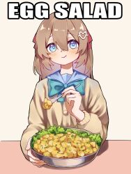  1girl absurdres aqua_bow aqua_bowtie blue_eyes blue_sailor_collar bow bowtie brown_hair caption cardigan closed_mouth commentary eating egg_salad english_commentary english_text fork hair_between_eyes hair_ornament hair_ribbon heart heart_hair_ornament highres holding holding_fork light_blush long_hair long_sleeves looking_at_viewer neuro-sama neuro-sama_(1st_costume) plate red_ribbon ribbon sailor_collar simple_background solo table tanhuluu upper_body vedal_ai virtual_youtuber white_background yellow_cardigan 