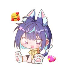   1boy :d ahoge animal_ear_fluff animal_ears black_shorts blue_hair blue_streaks blunt_ends blush bob_cut casual cat_boy cat_ears cat_tail center-flap_bangs chibi chibi_only chomm_cya colored_inner_hair commentary_request drawstring ensemble_stars! eyelashes highres hood hoodie korean_commentary looking_at_viewer male_focus multicolored_hair paw_print paw_shoes sagiri_esu short_hair short_sleeves shorts simple_background sitting smile sparkling_heart_emoji streaked_hair tail trap violet_eyes white_background yellow_hoodie