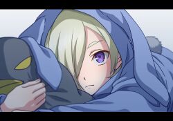  1girl animal_hood blue_hoodie bunny_day commentary_request fake_tail frown grey_hair hair_over_one_eye hood hood_up hoodie long_sleeves looking_at_viewer love_live! love_live!_nijigasaki_high_school_idol_club mia_taylor one_eye_covered rabbit_hood rabbit_tail sawa_(triangle_konkon) simple_background solo tail violet_eyes white_background 